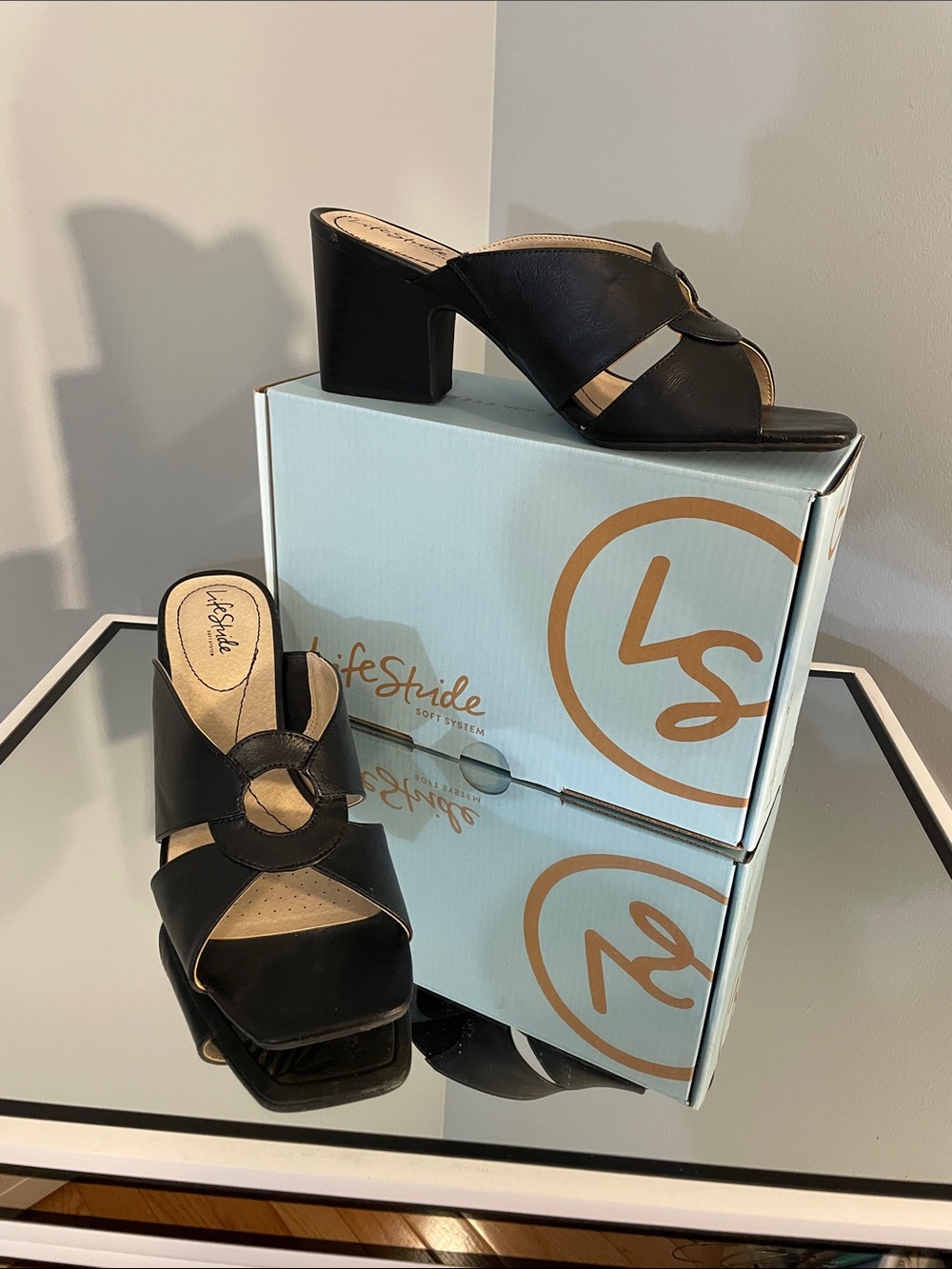Life Stride Thrill Black Open-Toe Ring Detail Block Heel Mules new